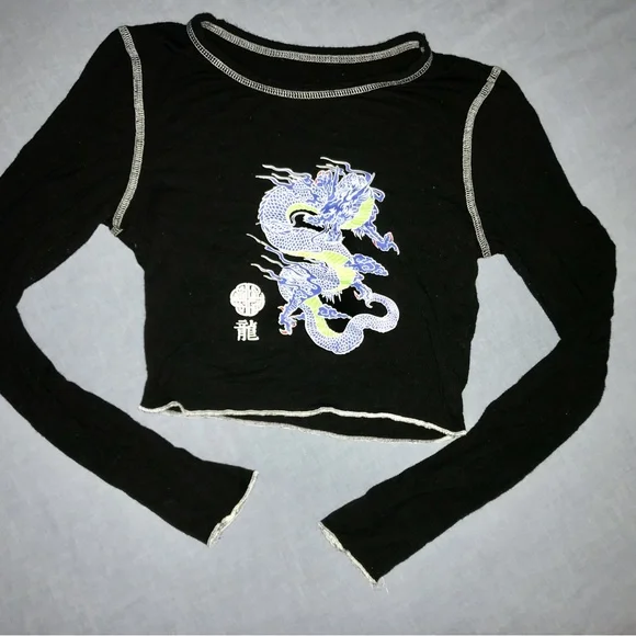 Black Long Sleeve Crop Top with Dragon Design - Picture 3 of 6